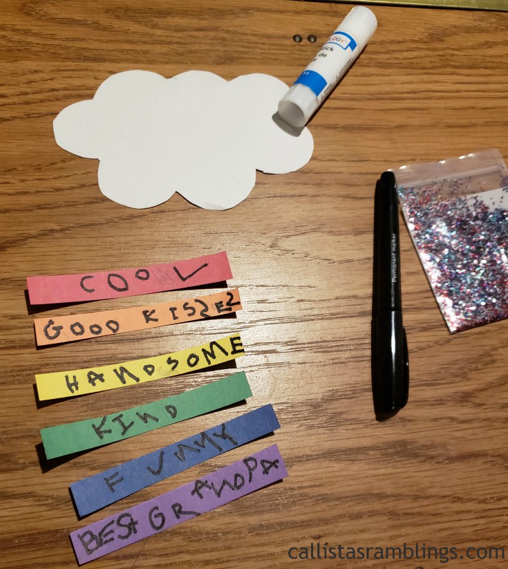 Step one to make a kindness day craft is to write what you like about the person on coloured papers.